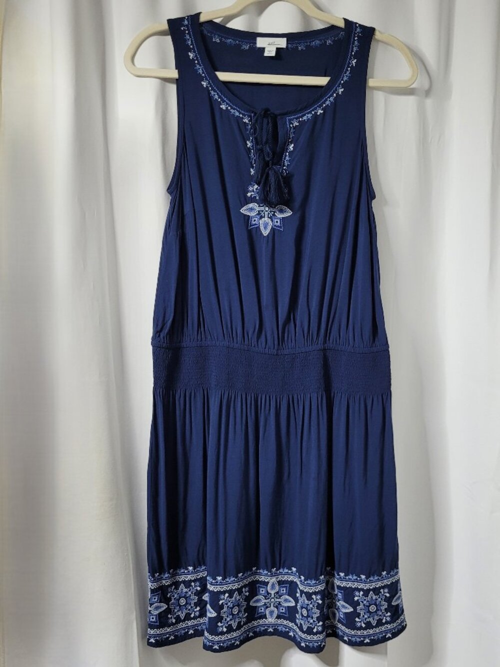 J. Jill Navy Blue Embroidered Boho Tassel Peasant Smocked Waist Knit Dress